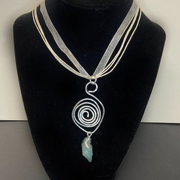 Hammered Stainless Steel Wire Pendant w/ Wrapped Blue Dyed Quartz Stone - Picture 4 of 12